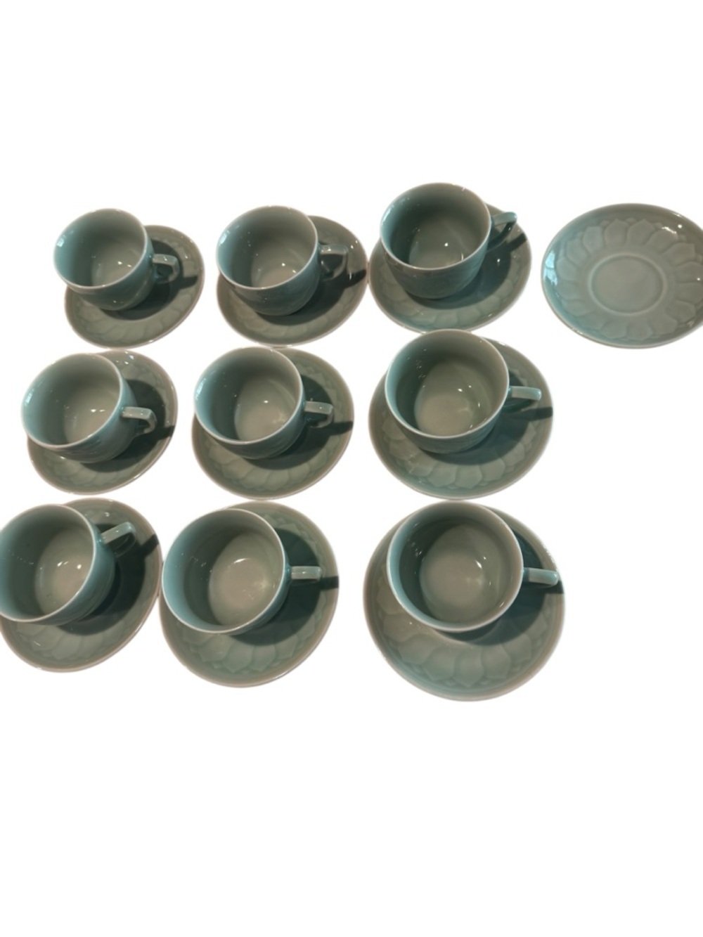 Longquan Flat Teacup and Saucer Set Celadon Koi Fish Set of 9 Signed embossed